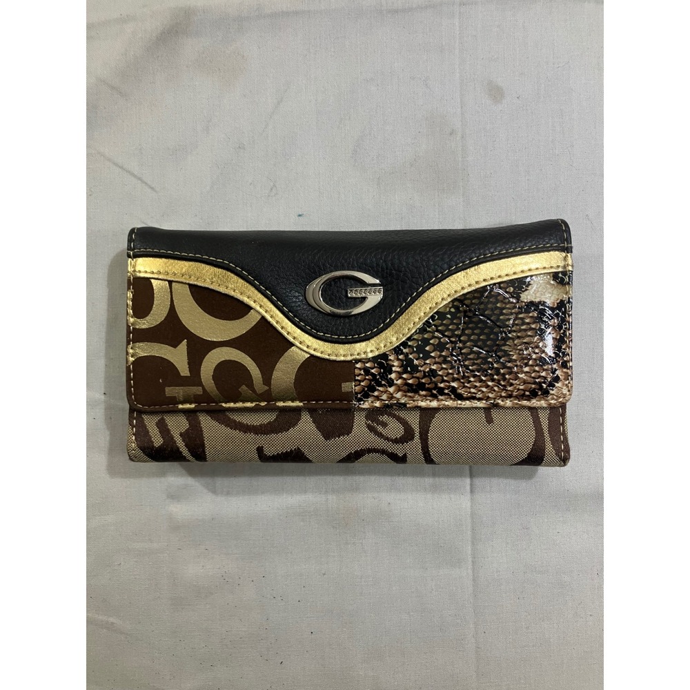 Guess Trifold Wallet Brown Monogram Canvas Snakeskin Gold‎ Trim G Logo Y2K Glam